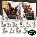 The Witcher: Path of Destiny board game showing the deluxe core box and stretch goal box with fantasy artwork featuring Geralt and other characters, alongside an array of detailed miniature figures displayed in front of the boxes. 