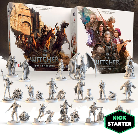 The Witcher: Path of Destiny board game showing the deluxe core box and stretch goal box with fantasy artwork featuring Geralt and other characters, alongside an array of detailed miniature figures displayed in front of the boxes. 