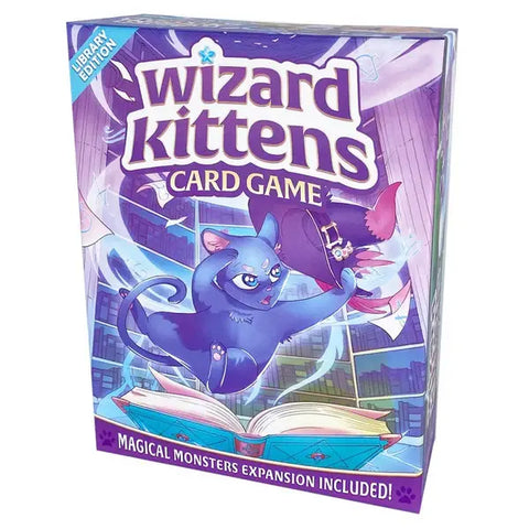 Wizard Kittens card game box featuring a purple and blue magical theme with an illustrated kitten wizard casting spells among floating books and magical elements. The box displays the game title in large white letters against a mystical library background with swirling magical effects. This Library Edition includes the Magical Monsters expansion as indicated by text at the bottom of the colorful packaging.