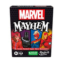 Marvel Mayhem board game box featuring four Marvel superheroes - Scarlet Witch, Black Panther, Captain Marvel, and Iron Man - displayed in colorful character panels against a black hexagonal pattern background. The box prominently displays the Marvel logo and "MAYHEM" title in large white letters, with "An Action-Packed Super Hero Showdown" tagline below. 
