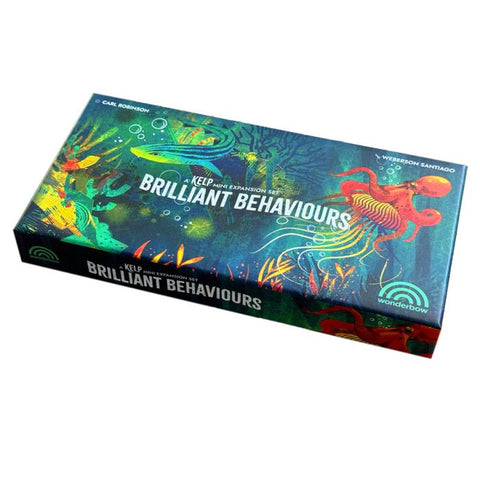 Kelp: Brilliant Behaviours expansion box featuring vibrant underwater artwork with colorful sea creatures including an octopus, jellyfish, and various marine life against a deep ocean background. The game box displays the title "Brilliant Behaviours" prominently in white text across the center of the artistic ocean scene.