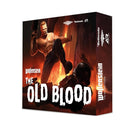 Wolfenstein: The Old Blood board game box featuring dramatic artwork of a muscular blonde protagonist in combat gear fighting against dark-clad enemies in a fiery orange underground setting. The box displays the Wolfenstein logo and "THE OLD BLOOD" title in bold white letters against the action scene.
