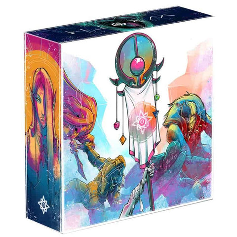 Wroth board game box featuring vibrant fantasy artwork with three characters including a hooded figure, a mystical staff-wielding character, and a warrior. The box displays colorful watercolor-style illustrations in blues, purples, oranges, and pinks.