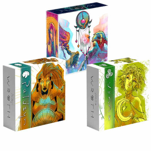 Three colorful board game boxes for Wroth faction expansions displayed at angles, featuring fantasy-themed artwork with warriors and magical characters.