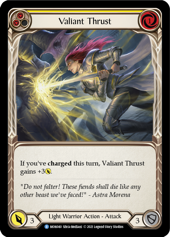 Valiant Thrust (Yellow) [MON040-RF] (Monarch)  1st Edition Rainbow Foil