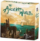 The Ancient World" board game displaying dramatic fantasy artwork featuring ancient cities on rocky cliffs, an elephant silhouette, and sailing ships on a turquoise sea. The background shows golden clouds and a distant mountain or titan figure, creating an epic mythological atmosphere. The game title appears in stylized green lettering across the top of the box.