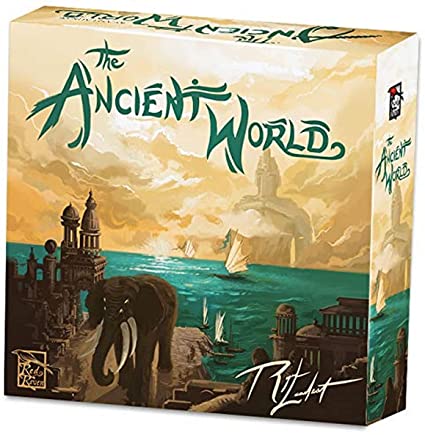 The Ancient World" board game displaying dramatic fantasy artwork featuring ancient cities on rocky cliffs, an elephant silhouette, and sailing ships on a turquoise sea. The background shows golden clouds and a distant mountain or titan figure, creating an epic mythological atmosphere. The game title appears in stylized green lettering across the top of the box.