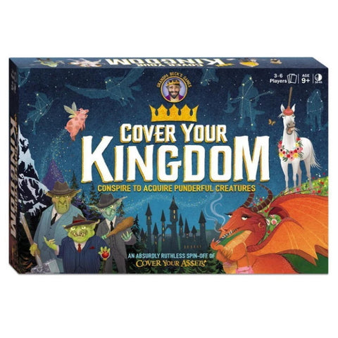 Box cover of "Cover Your Kingdom" board game featuring magical creatures including dragons, unicorns, and goblins against a starry night sky with a castle silhouette. 
