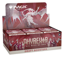 A display box of Phyrexia: All Will Be One Draft Boosters featuring white, ethereal Phyrexian figures on a deep red background. The box showcases multiple Draft Booster packs arranged in rows beneath the prominent "PHYREXIA ALL WILL BE ONE" title. The packaging displays the Magic: The Gathering logo at the top with stylized art of angelic yet monstrous Phyrexian creatures emerging from the red backdrop.