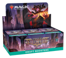 Streets of New Capenna Draft Booster Box display featuring a powerful character with glowing hands against a purple cityscape backdrop. The box contains multiple draft booster packs arranged in rows, showcasing the art-deco inspired Streets of New Capenna set branding and packaging.