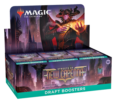 Streets of New Capenna Draft Booster Box display featuring a powerful character with glowing hands against a purple cityscape backdrop. The box contains multiple draft booster packs arranged in rows, showcasing the art-deco inspired Streets of New Capenna set branding and packaging.
