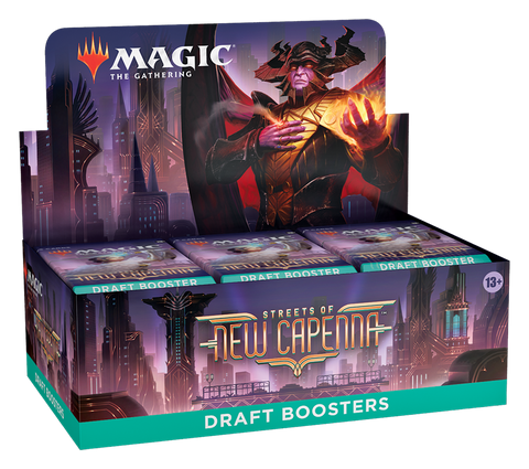 Streets of New Capenna Draft Booster Box display featuring a powerful character with glowing hands against a purple cityscape backdrop. The box contains multiple draft booster packs arranged in rows, showcasing the art-deco inspired Streets of New Capenna set branding and packaging.
