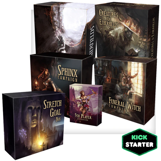 Some items included in the Etherfields Dream Master All-In Bundle: Core Game, Stretch Goal Box, Creatures of Etherfields Box, Sphinx Campaign, Funeral Witch Campaign, 5th Player Expansion