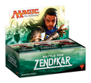 Magic the Gathering Battle for Zendikar booster box featuring a warrior in the foreground of a dramatic landscape. 
