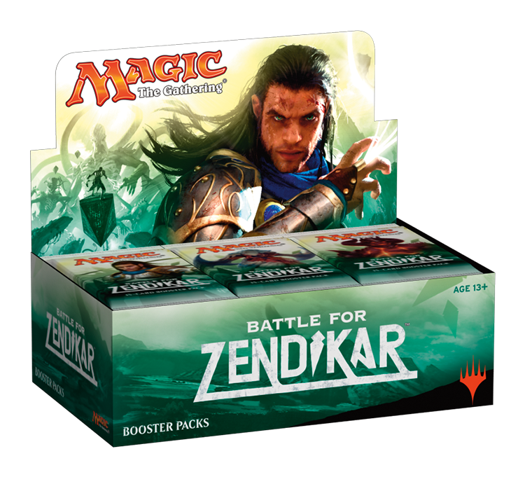 Magic the Gathering Battle for Zendikar booster box featuring a warrior in the foreground of a dramatic landscape. 