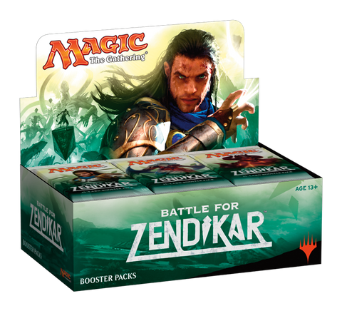Magic the Gathering Battle for Zendikar booster box featuring a warrior in the foreground of a dramatic landscape. 