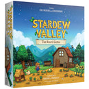 The box art for "Stardew Valley: The Board Game" shows a colorful farm scene with a wooden cabin, vegetables growing in a garden patch, and a cute cartoon farmer in overalls standing next to a small pig pen. The pastoral setting features green trees, blue mountains in the background, and a bright blue sky, capturing the charming aesthetic of the cooperative game designed by Cole Medeiros and ConcernedApe. The box indicates it's a game of "farming and friendship" for 1-4 players ages 13 and up.