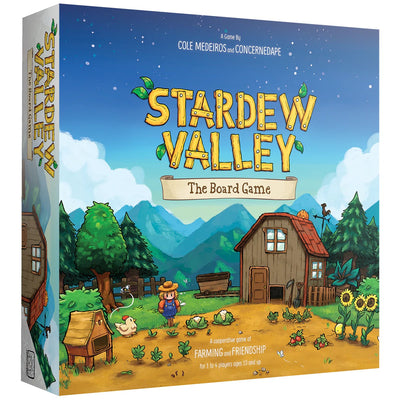 The box art for "Stardew Valley: The Board Game" shows a colorful farm scene with a wooden cabin, vegetables growing in a garden patch, and a cute cartoon farmer in overalls standing next to a small pig pen. The pastoral setting features green trees, blue mountains in the background, and a bright blue sky, capturing the charming aesthetic of the cooperative game designed by Cole Medeiros and ConcernedApe. The box indicates it's a game of "farming and friendship" for 1-4 players ages 13 and up.