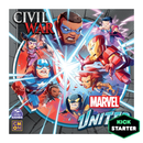 Box cover art for Marvel United: Civil War expansion featuring stylized cartoon superhero characters arranged in a dynamic confrontation pattern with opposing teams. Captain America and Iron Man face off at the center of a blue energy burst, surrounded by other Marvel heroes.