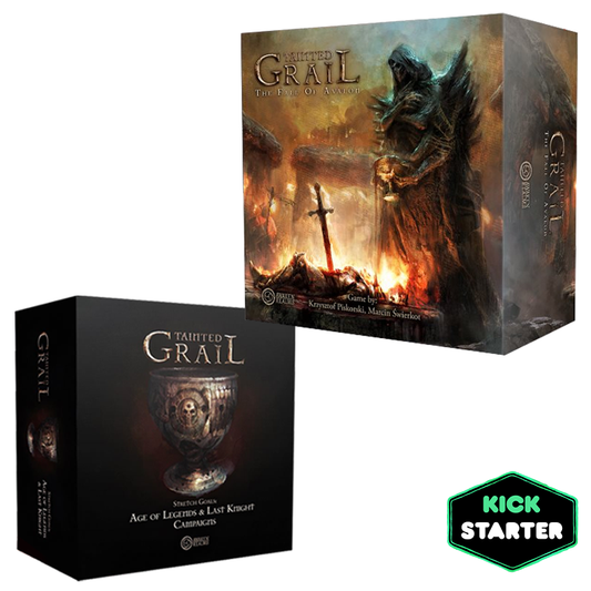 Tainted Grail: The Fall of Avalon core game boc and Stretch Goals: Age of Legends & Last Knight Campaigns box