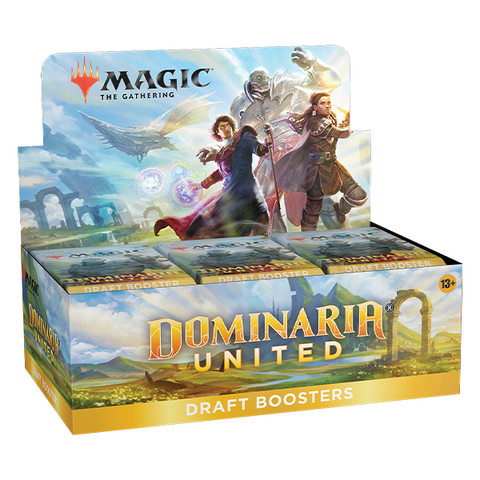 This image shows a Dominaria United Draft Booster Display Box containing 36 booster packs. The box features fantasy artwork depicting three heroic characters posed dramatically with magical effects, against a backdrop of Dominaria's landscape. 