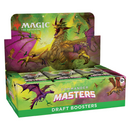 A display box of Commander Masters Draft Boosters featuring vibrant green and purple artwork dominated by a majestic gold dragon. The packaging shows multiple booster packs arranged in the display case with "COMMANDER MASTERS" prominently displayed in yellow text above "DRAFT BOOSTERS" on a green background. Flying dragons appear throughout the artwork
