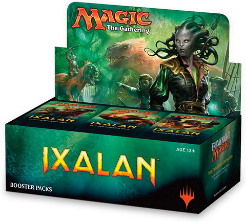 Magic the Gathering Ixalan booster pack box featuring a seafaring theme on a green background. 