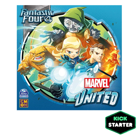 Box art for Marvel United: Fantastic Four, featuring stylized cartoon versions of the superhero team in a circular composition against a blue background. The orange Thing, blue-suited Invisible Woman, flame-powered Human Torch, and a hooded Doctor Doom are prominently displayed with the Marvel and Fantastic Four logos.
