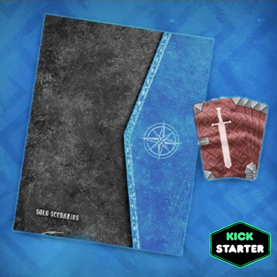 Frosthaven Solo Scenarios book with a blue and black cover featuring a compass rose design. The split-color hardcover game supplement includes cards with sword illustrations, visible to the right of the book.
