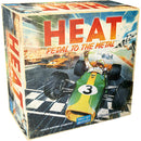 Box art for Heat: Pedal to the Metal board game showing vintage-style Formula 1 race cars crossing a checkered finish line, with a green and yellow car numbered 3 in the foreground and an orange car behind it. The dynamic racing illustration features a driver with raised fist celebrating victory, all set against a colorful blue background with the game title in bold red letters and the tagline 'Pedal to the Metal' underneath.