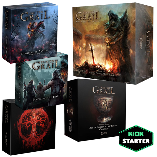 Collection of some of the Tainted Grail King's Pledge collection: Tainted Grail: the Fall of Avalon Core Box , Tainted Grail: Stretch Goals (Age of Legends & The Last Knight Campaigns), Tainted Grail: Red Death, Tainted Grail: Echoes of the Past, and Tainted Grail: Monsters of Avalon