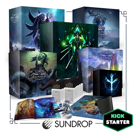 Lords of Ragnarock board game Bundle including the following: Core game box, stretch goals box, Utgard: Realms of the Giants Expansion, Seas of Aegir Expansion, Monster Variety Pack, Terrain Expansion, Enhanced Runes, Artbook, Game board playmat, Custom sleeves, and Valkyrie Hero