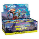 The box features vibrant artwork depicting a spellcaster with fiery magic confronting blue-purple mechanical dragon creatures against a dramatic fantasy backdrop. This sealed booster box contains 36 draft booster packs with the product name prominently displayed in yellow text across the front.