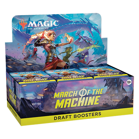 The box features vibrant artwork depicting a spellcaster with fiery magic confronting blue-purple mechanical dragon creatures against a dramatic fantasy backdrop. This sealed booster box contains 36 draft booster packs with the product name prominently displayed in yellow text across the front.