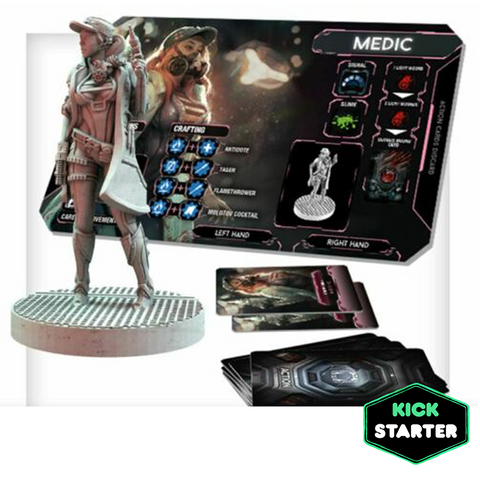 Nemesis Lockdown Medic character expansion set, featuring a detailed miniature figure of a female medic in a futuristic suit standing on a circular base. The image shows the character dashboard card displaying the Medic's abilities, crafting options, and equipment slots with various action icons.