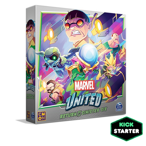 Box art for Marvel United: Return of the Sinister Six board game, featuring stylized cartoon illustrations of various Spider-Man villains including Doctor Octopus with mechanical arms in the center. The colorful box has a vibrant purple background with the Marvel United logo and a Kickstarter badge in the bottom corner. 