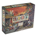 Root board game box showing a woodland battle scene with anthropomorphic animal characters. The colorful box art depicts cartoon mice, cats, birds, and foxes wielding weapons against an autumn forest backdrop