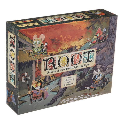 Root board game box showing a woodland battle scene with anthropomorphic animal characters. The colorful box art depicts cartoon mice, cats, birds, and foxes wielding weapons against an autumn forest backdrop
