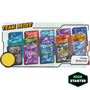 Kickstarter exclusive Marvel United team decks expansion featuring 15 superhero teams. The image shows stacks of colorful card decks including Deadpool, Uncanny X-Force, X-Men, New Avengers, and United Heroes, with stylized character artwork on each deck.