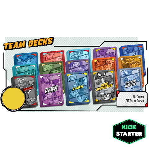 Kickstarter exclusive Marvel United team decks expansion featuring 15 superhero teams. The image shows stacks of colorful card decks including Deadpool, Uncanny X-Force, X-Men, New Avengers, and United Heroes, with stylized character artwork on each deck.