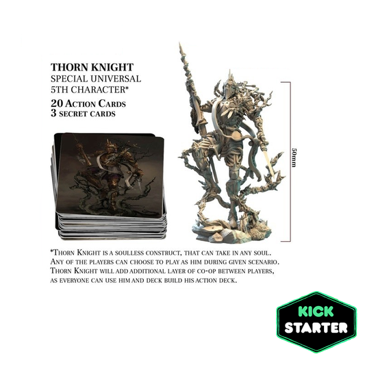 Etherfields Thorn Knight special universal 5th character showing the 50mm miniature and deck of cards. "Thorn Knight is a soulless construct that can take in any soul. Any of the players can choose to play as him during any given scenario. Thorn knight will add additional layers of co-op between players, as everyone can use him and deck build his action deck."