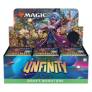 Magic: The Gathering Unfinity Draft Booster Box display featuring colorful cosmic artwork. The box contains multiple Draft Booster packs with a space-themed design and showcases fantasy characters including a spellcaster in purple attire.