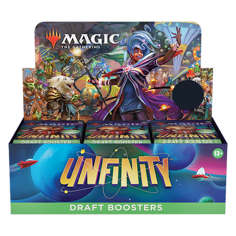 Magic: The Gathering Unfinity Draft Booster Box display featuring colorful cosmic artwork. The box contains multiple Draft Booster packs with a space-themed design and showcases fantasy characters including a spellcaster in purple attire.